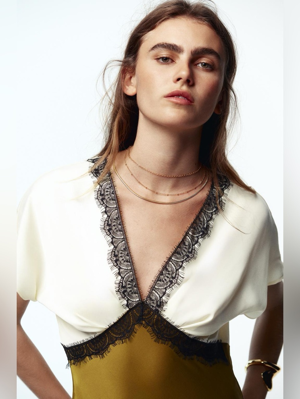 NWT. Zara Ecru/Khaki Satin Effect Midi Dress with Lace/Contrasting Trim. Size S. - Picture 4 of 12